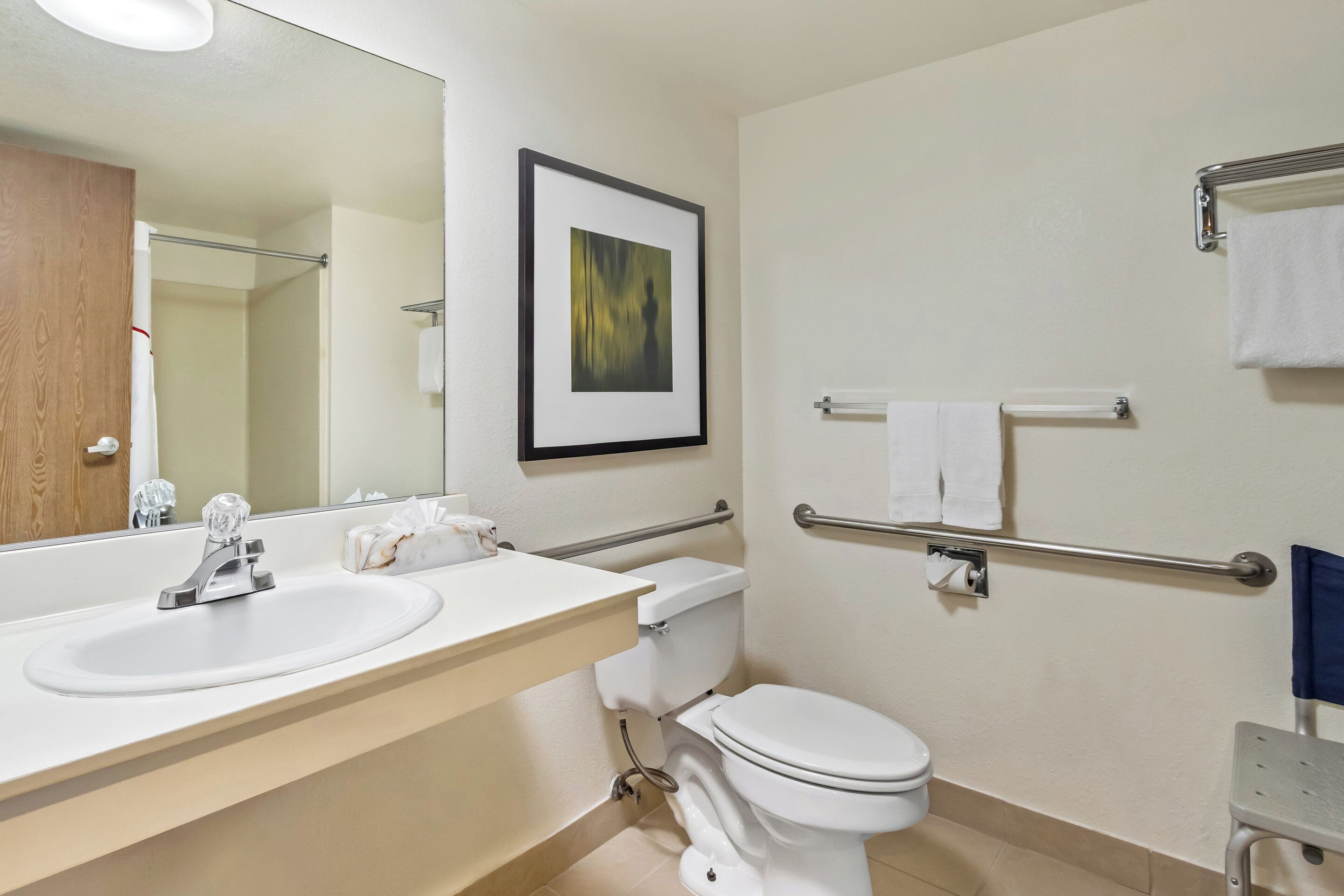 A modern bathroom with a white sink, a toilet, a framed artwork on the wall, and a towel rack.