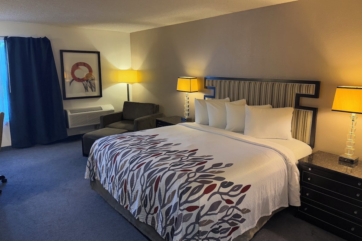 Habitación de hotel con una cama grande, dos lámparas de noche, una silla, un escritorio y un cuadro en la pared.
