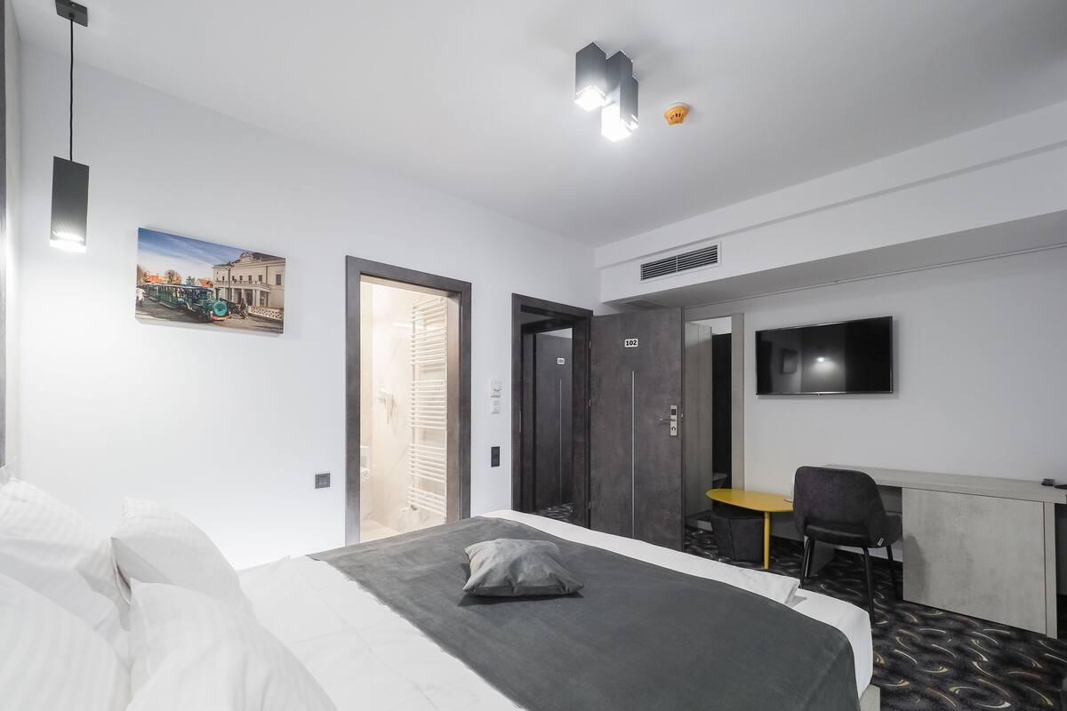 Une chambre d’hôtel avec un lit, un bureau, une chaise, une télévision et un tableau au mur.