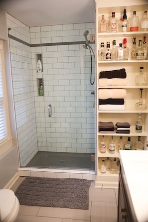Shower, hair dryer, towels, soap