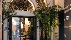 A lobby with a patterned floor, a large potted plant, and a decorative ceiling light. - Hotel Casa Palacio Don Ramón 5* GL by Kaizen Hoteles (Seville)