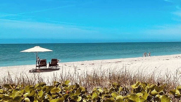 Une plage avec un parasol blanc, deux chaises longues et une rive sablonneuse.