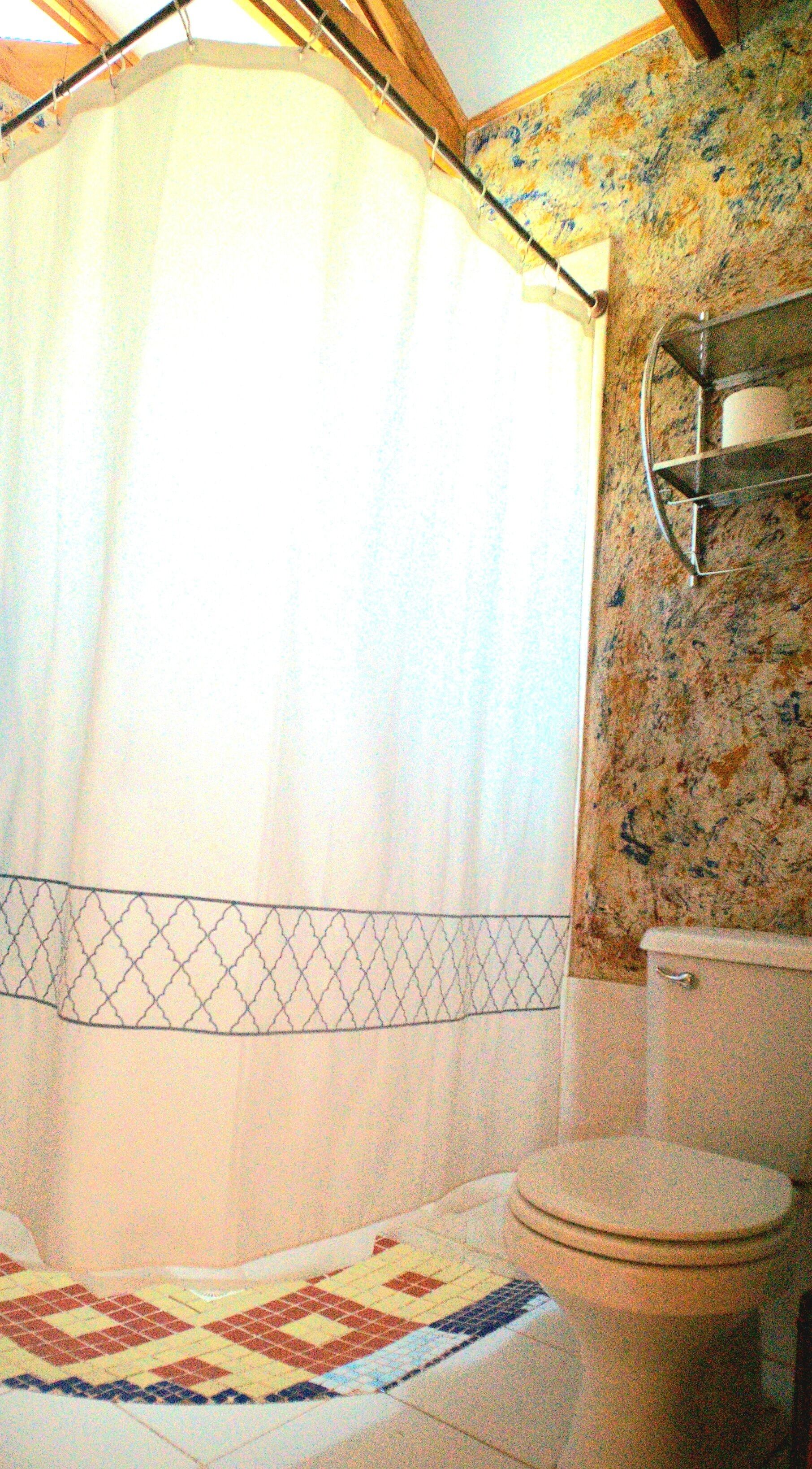 Une salle de bain avec un rideau de douche, des toilettes et un carrelage au sol.