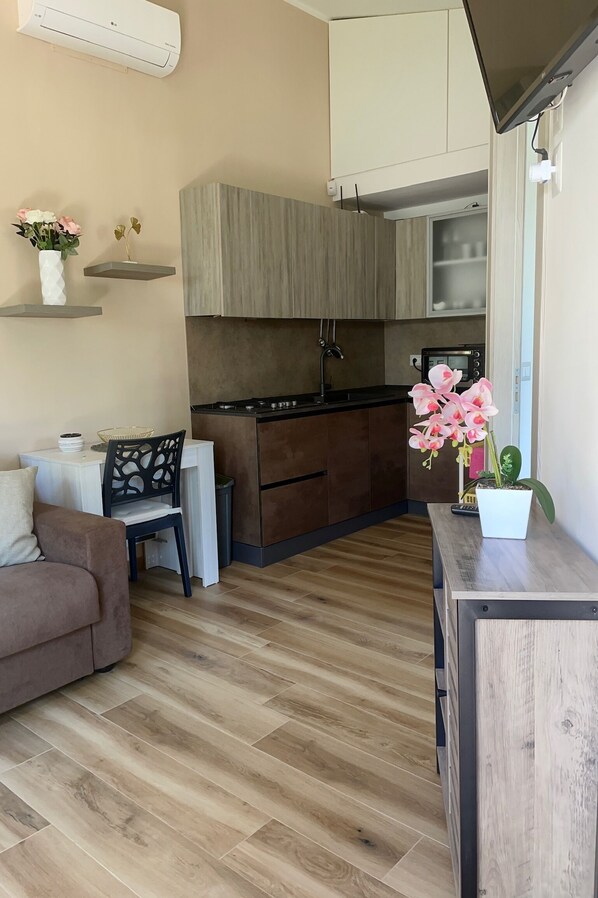 A compact living space with a kitchenette, a dining area, and a sofa.