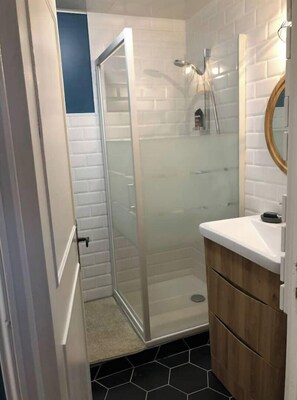 Shower, hair dryer, soap, shampoo