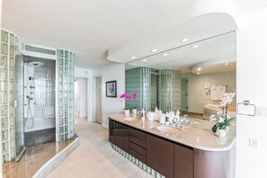 Combined shower/bathtub, jetted bath, hair dryer, towels