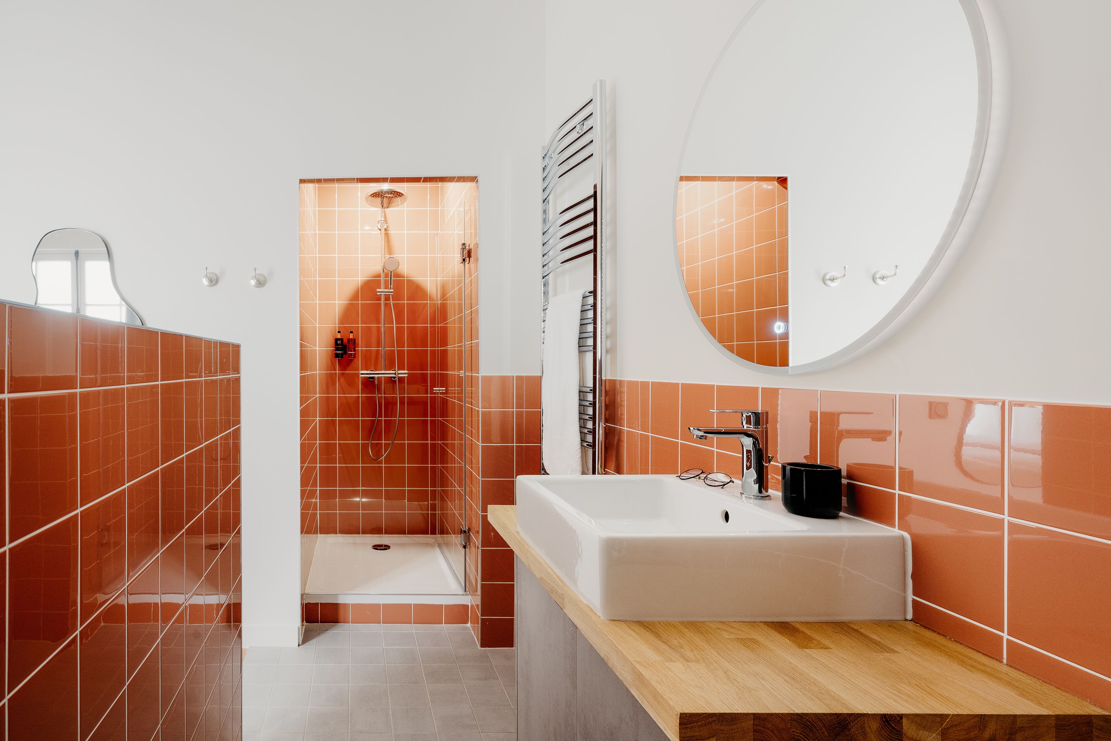 A modern bathroom with a shower, a sink, and a mirror.
