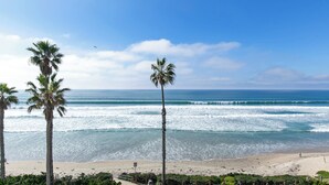 A beach with palm trees and ocean waves. - Capri by the Sea 905 | Ocean View | Full Kitchen | Private Bedroom | Beach Access | On the Boardwalk (San Diego)