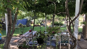 A covered patio area with a wooden table and chairs, surrounded by potted plants and a hanging chair.