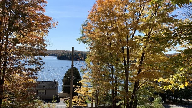 A lakeside view with autumn foliage, a dock, and a small building. - Updated Camp- 5 min  to Old Forge, 1st Lake views (Old Forge)
