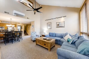 TV, caminetto, lettore DVD, libri