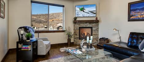 Televisión, chimenea y libros