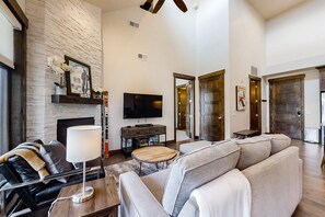 Televisión, chimenea, reproductor de DVD y libros 