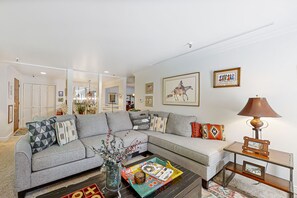 Télévision à écran plat, cheminée, lecteur de DVD, livres