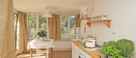 Fridge, microwave, oven, coffee/tea maker