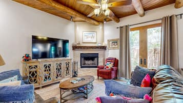 TV, fireplace, books