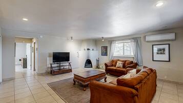 TV, fireplace, DVD player, books