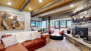 TV, fireplace, books, stereo