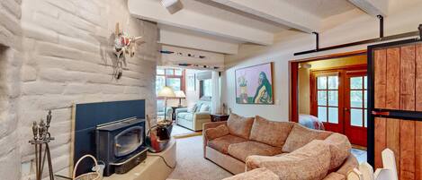 TV, fireplace, DVD player, books