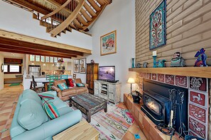 Televisión, chimenea, reproductor de DVD y libros 