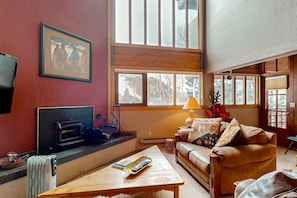 Flat-screen TV, fireplace, DVD player, books