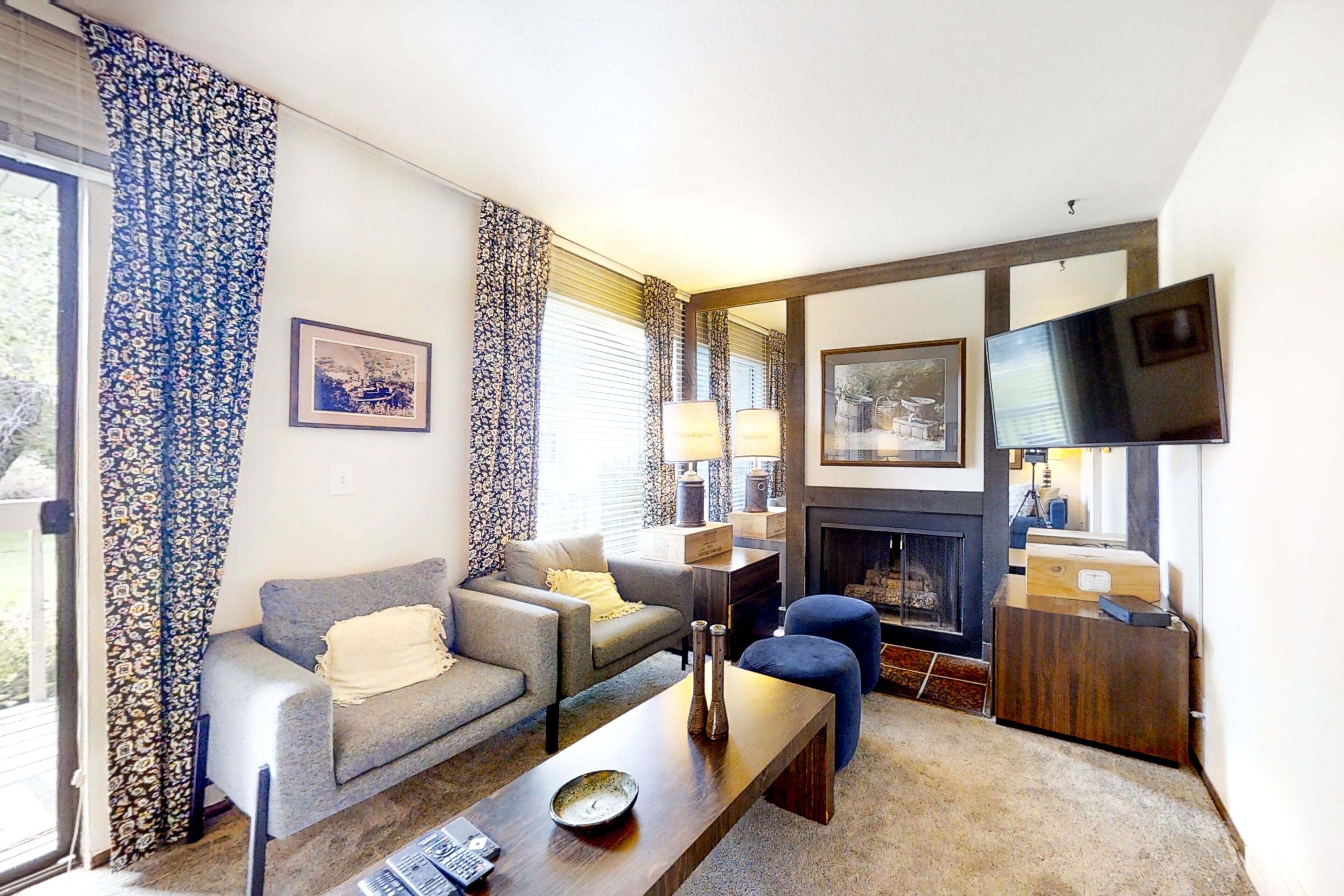 Televisión de pantalla plana, chimenea, reproductor de DVD y libros 