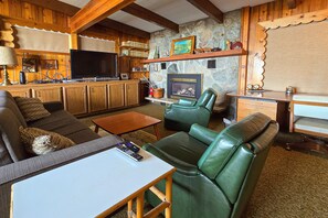 Televisión, chimenea y reproductor de DVD 