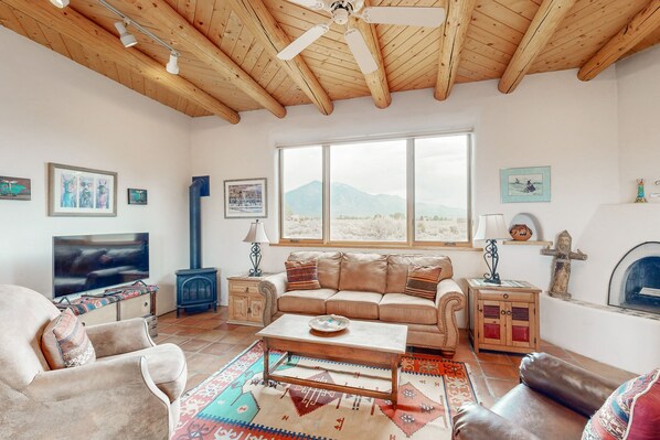 Televisión, chimenea, reproductor de DVD y libros 