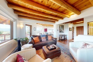 TV, fireplace, books