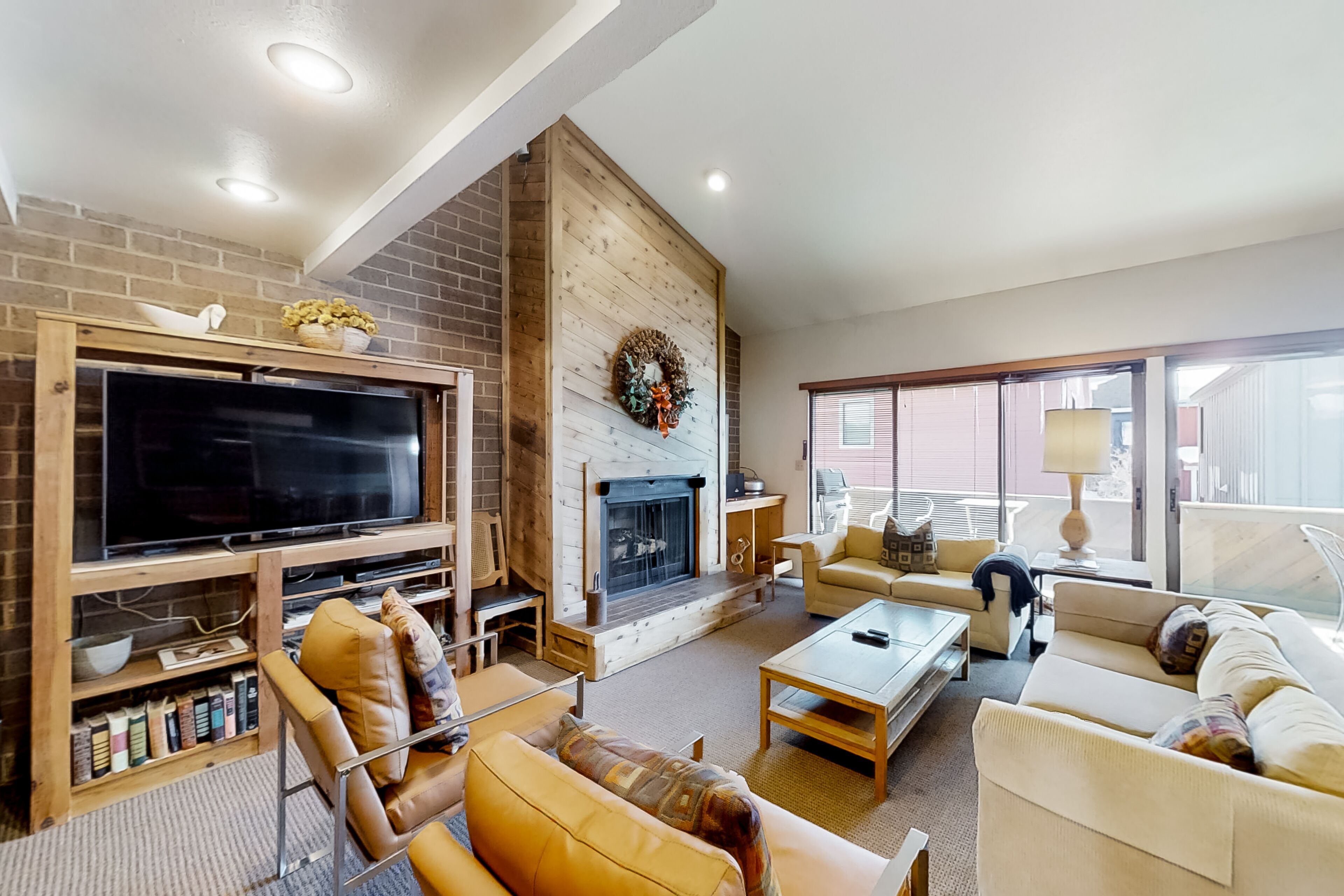 تلفزيون بشاشة مسطحة، مدفأة، مشغل دي في دي، كُتُب