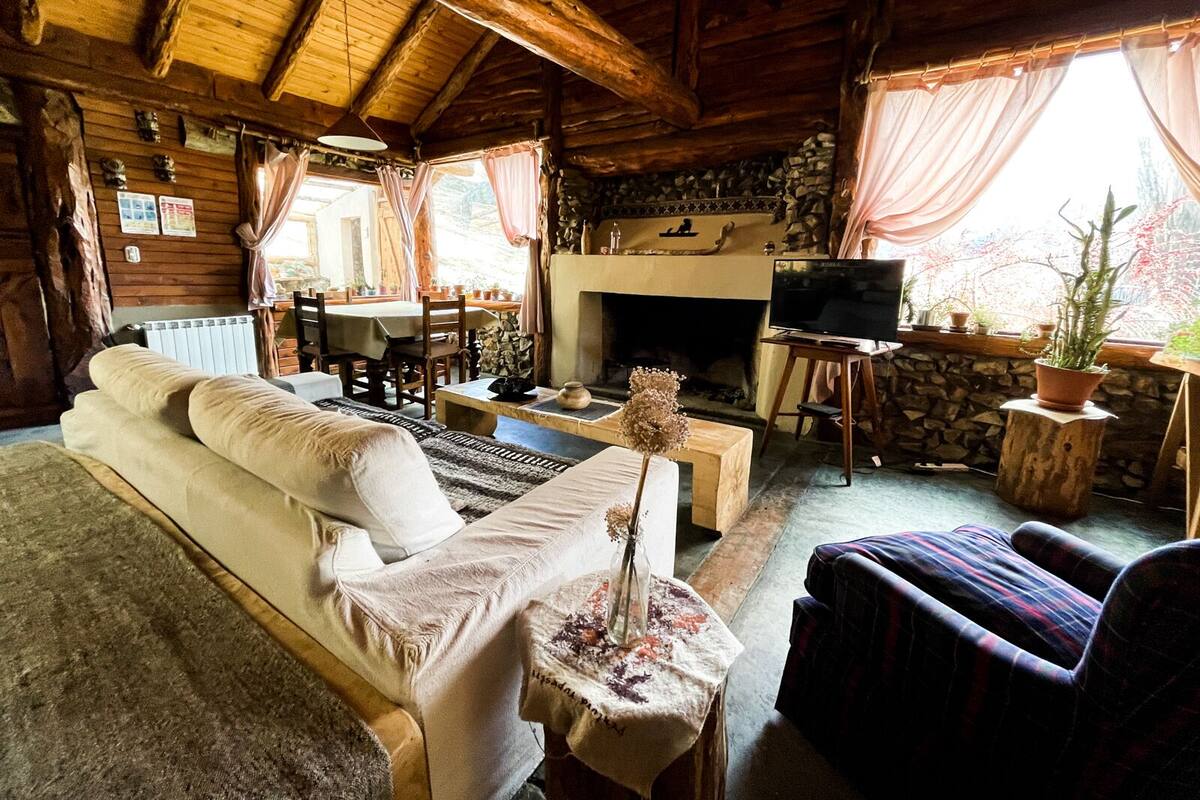 L’intérieur d’un chalet accueillant, avec un canapé, un fauteuil et une cheminée.