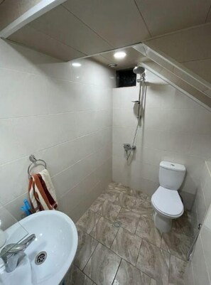 Douche, serviettes fournies, papier toilette