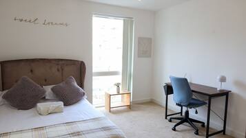 1 bedroom, desk, iron/ironing board, travel cot