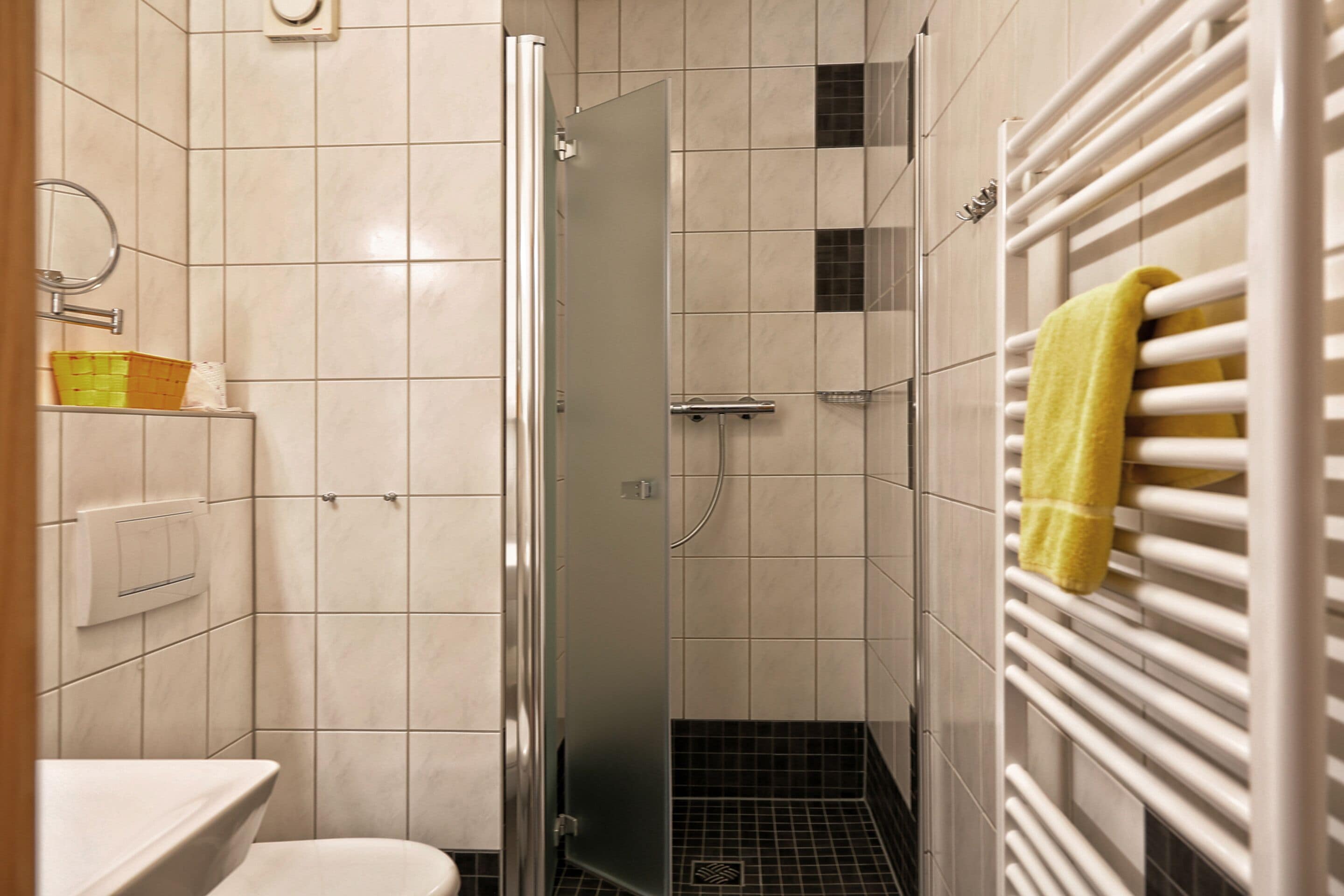 Ein Badezimmer mit Toilette, Dusche und Handtuchhalter.