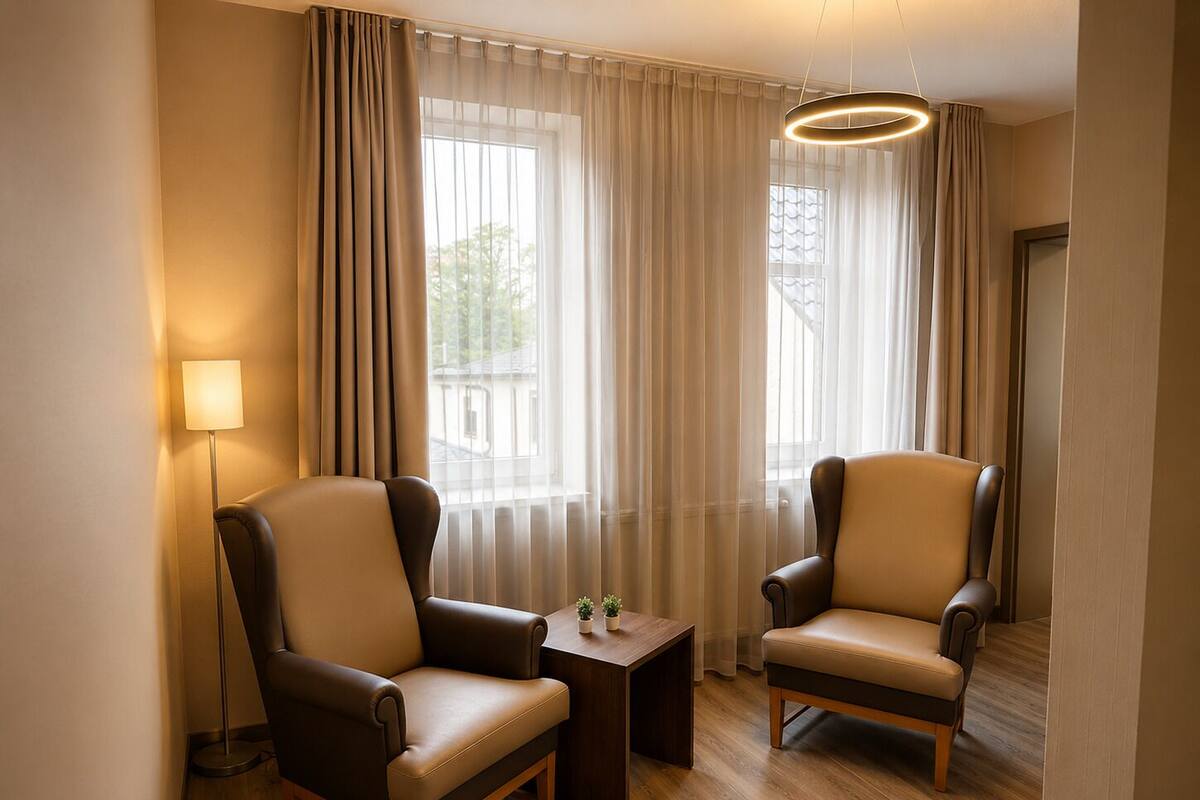 A hotel room with two leather armchairs, a small wooden table, a floor lamp, and a view of the outside through sheer curtains.