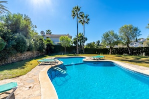 A swimming pool with a stone deck, two lounge chairs, and a palm tree in the background.
