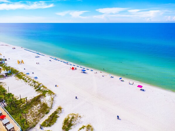 Beach nearby, sun loungers