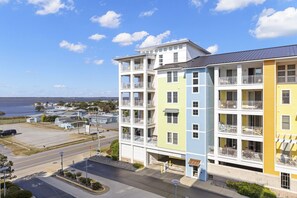 Stunning views of the water from each floor's balcony.