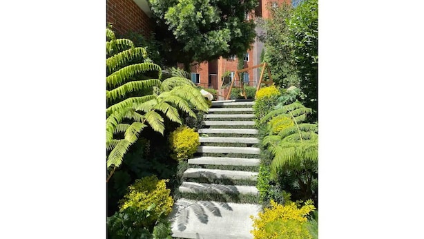 Un escalier en pierre, bordé d’une végétation luxuriante, mène à un bâtiment dont la façade est en briques rouges.