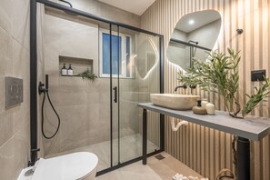 Combined shower/tub, hair dryer, towels