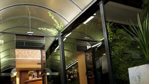 A modern hotel lobby with a reception desk, glass walls, and a large potted plant. - Hotel Falcone (Lignano Sabbiadoro)