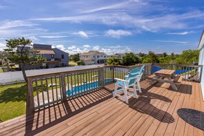 Outdoor dining - Oceanside beach house with private hot tub & pool, spacious deck, games, W/D, AC (Virginia Beach)
