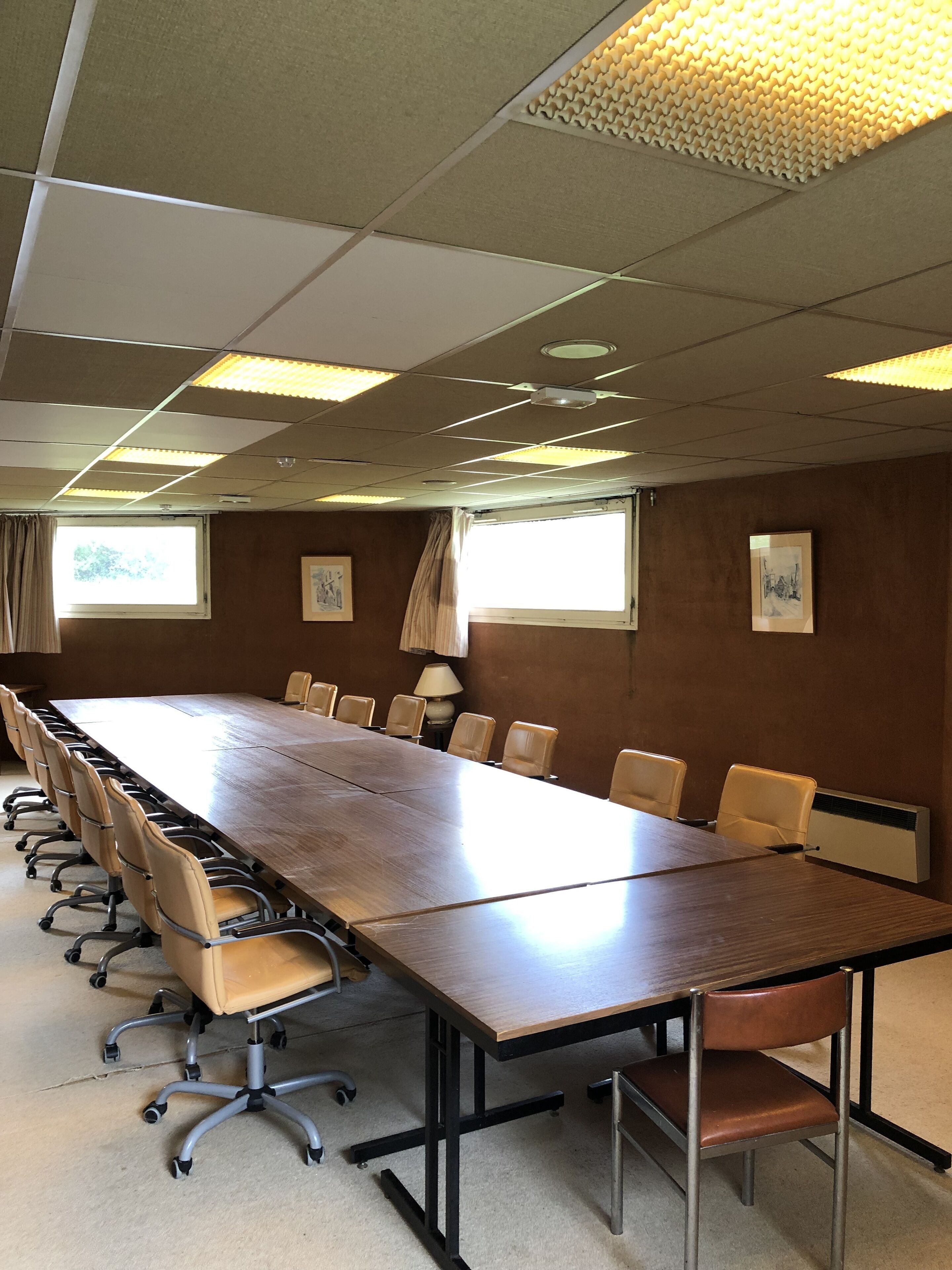 A conference room with a long table, chairs, and ceiling lights.
