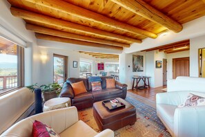 TV, fireplace, books