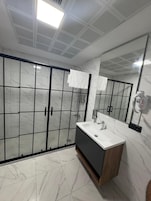 Shower, rainfall showerhead, bathrobes, slippers