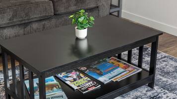 A black coffee table with magazines and a potted plant on top.