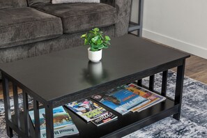 Une table basse noire, sur laquelle sont posés des magazines et un pot de fleurs.