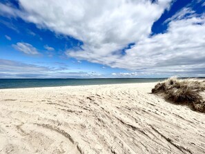 Nær stranden, solsenger og strandhåndklær