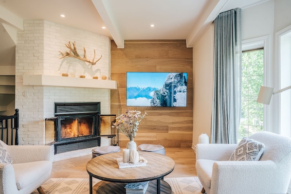 Smart TV, fireplace, books