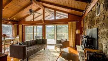 Smart TV, fireplace, books